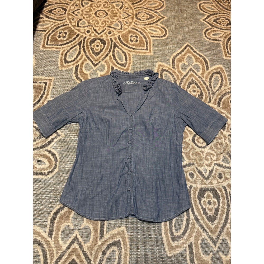 Bob Timberlake Blue Chambray Ruffle Neck Button Front Blouse Top Large